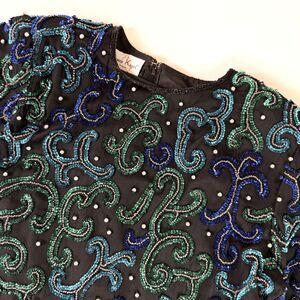 Vintage Laurence Kazar Silk Beaded Sequin Top Womens L Blue Green Swirls Peacock